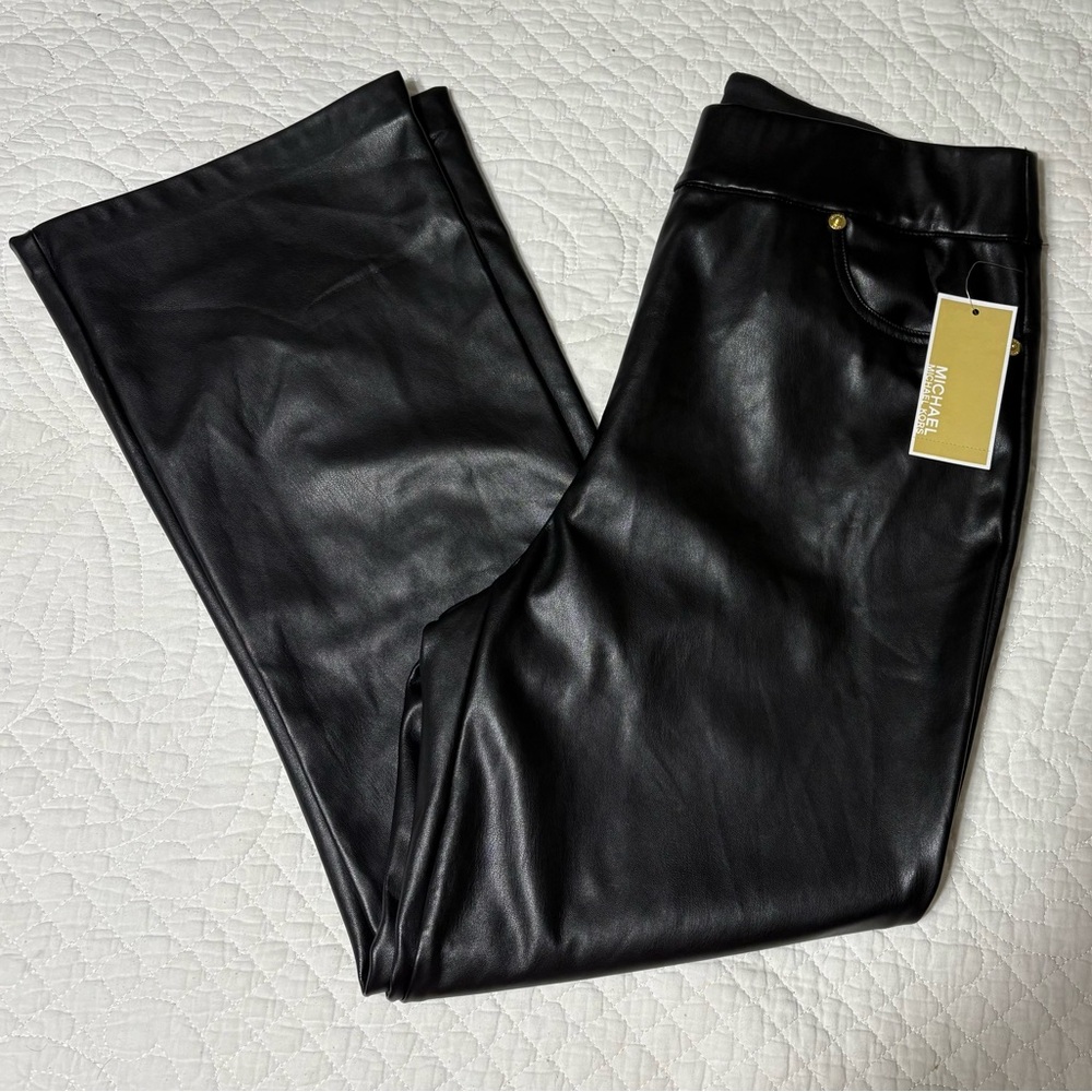 NWT Michael Kors Black Faux Leather Cropped Flare Pull-On Trousers